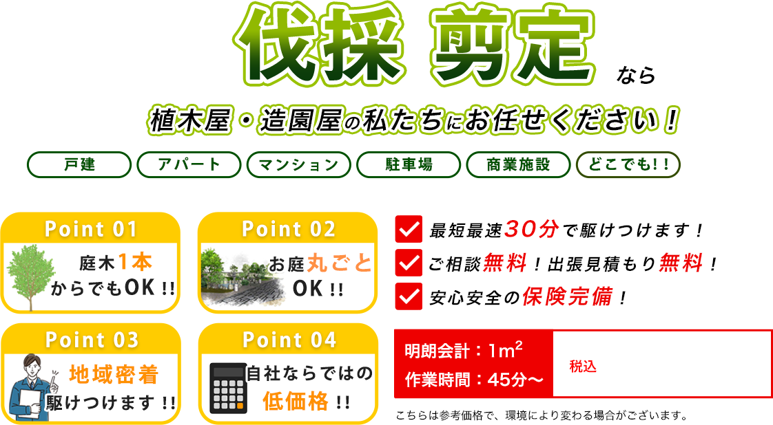 伐採 剪定なら植木屋・造園屋の伐採専門店 株式会社IKにお任せください！　最短最速30分で駆けつけます！　ご相談無料！出張見積もり無料！　安心安全の保険完備！